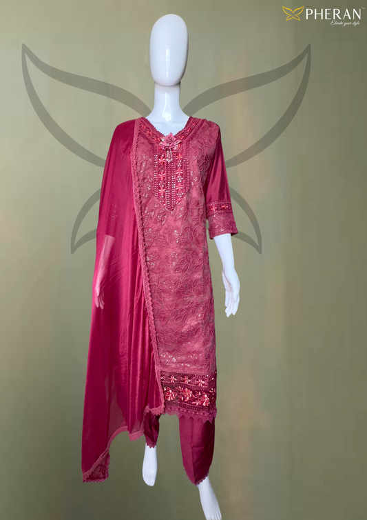 Pheran Maroon Embroidered Kurta Set with Dupatta (A2-MR)