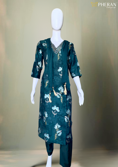 Pheran Teal Green Floral Printed Kurta Set with Embellished Neckline (M4-NU10-TB-SU)