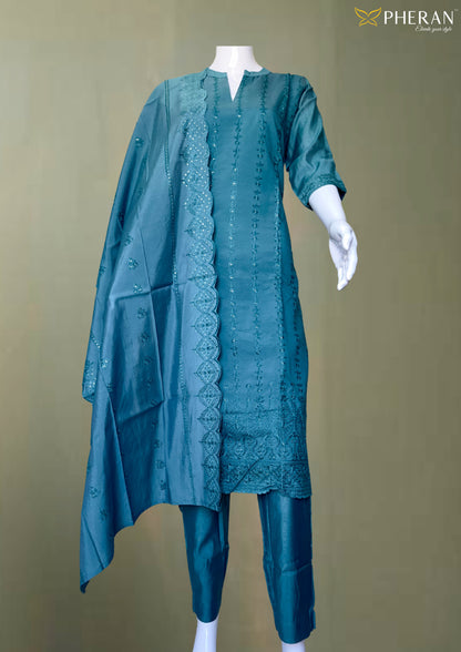 Pheran Premium Teal Embroidered Straight Suit Set (BO-4511-SK)