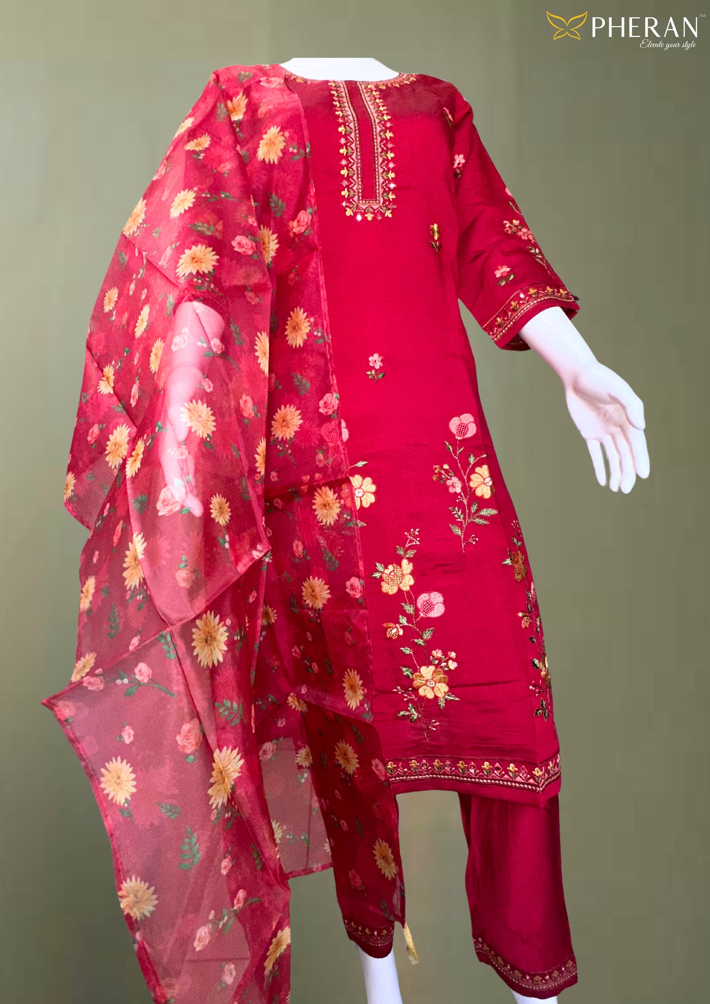 Pheran Premium Red Floral Embroidered Kurta Set (BO-SM-158-RN)