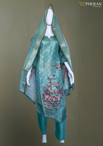 Pheran Teal Floral Printed Silk Kurta Set with Dupatta (BO-AU-05-RA)