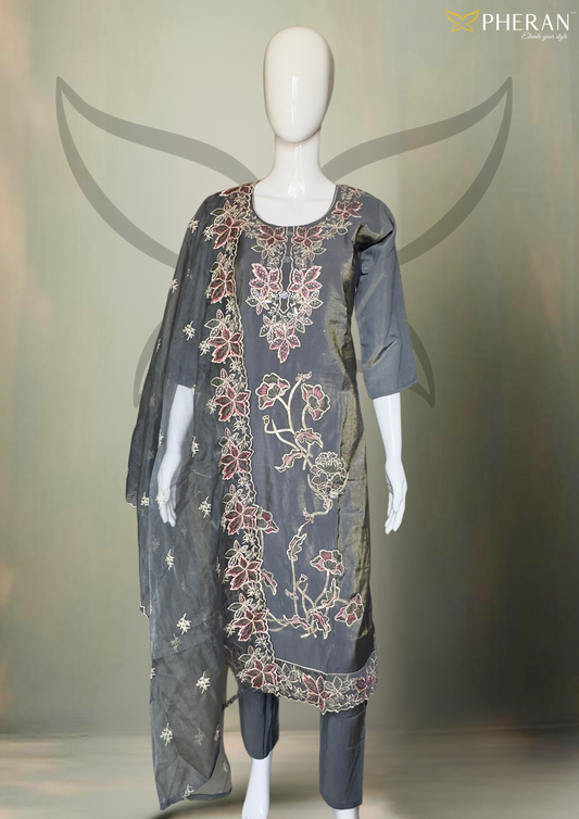 Pheran Charcoal Grey Floral Embroidered Kurta Set with Dupatta (A2-GR-SU)