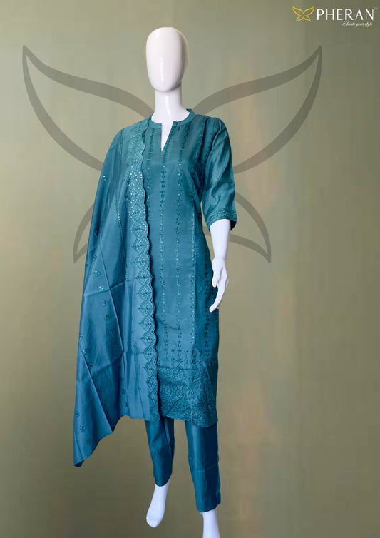 Pheran Premium Teal Embroidered Straight Suit Set (BO-4511-SK)