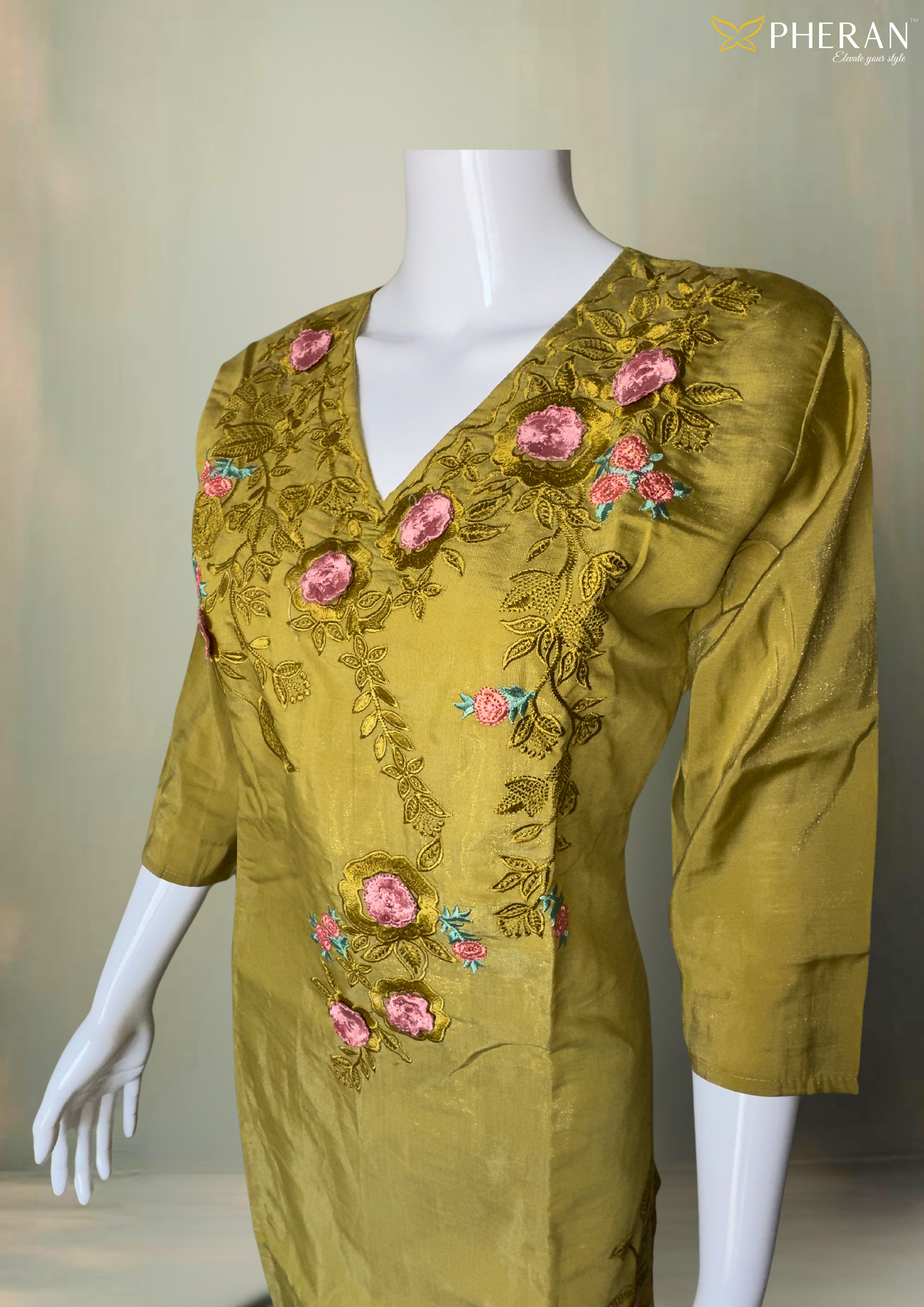 Pheran Women’s Mustard Yellow Floral Embroidered Suit Set with Dupatta (A2-MY-SU)