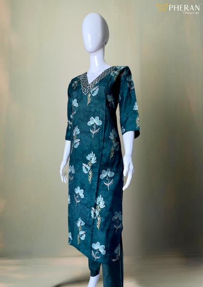 Pheran Teal Green Floral Printed Kurta Set with Embellished Neckline (M4-NU10-TB-SU)