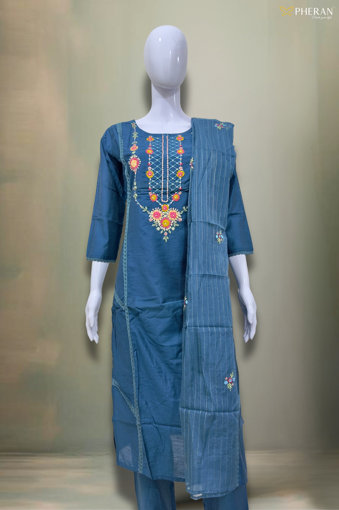Pheran Deep Blue Embroidered Kurta Set with Dupatta (SV-KL76-BU)