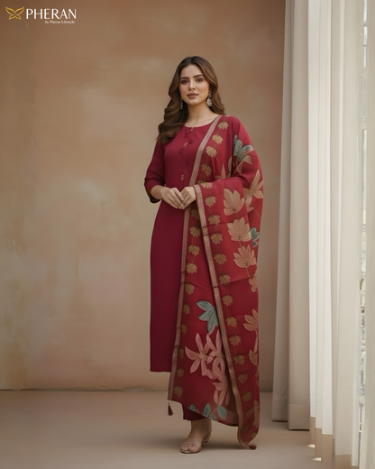 Pheran Women's Ruby Red Modal Suit Set with Floral Print Dupatta  AM75