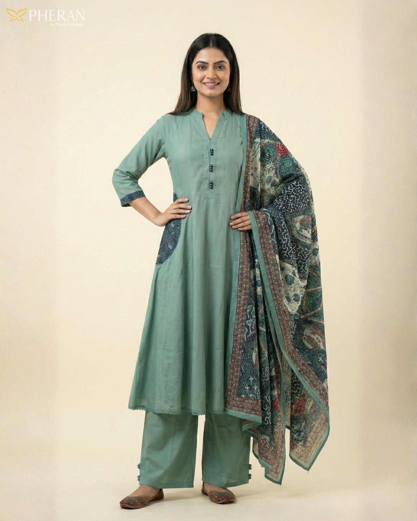 Pheran Women's Sage Green A-Line Suit with Printed Dupatta AM80