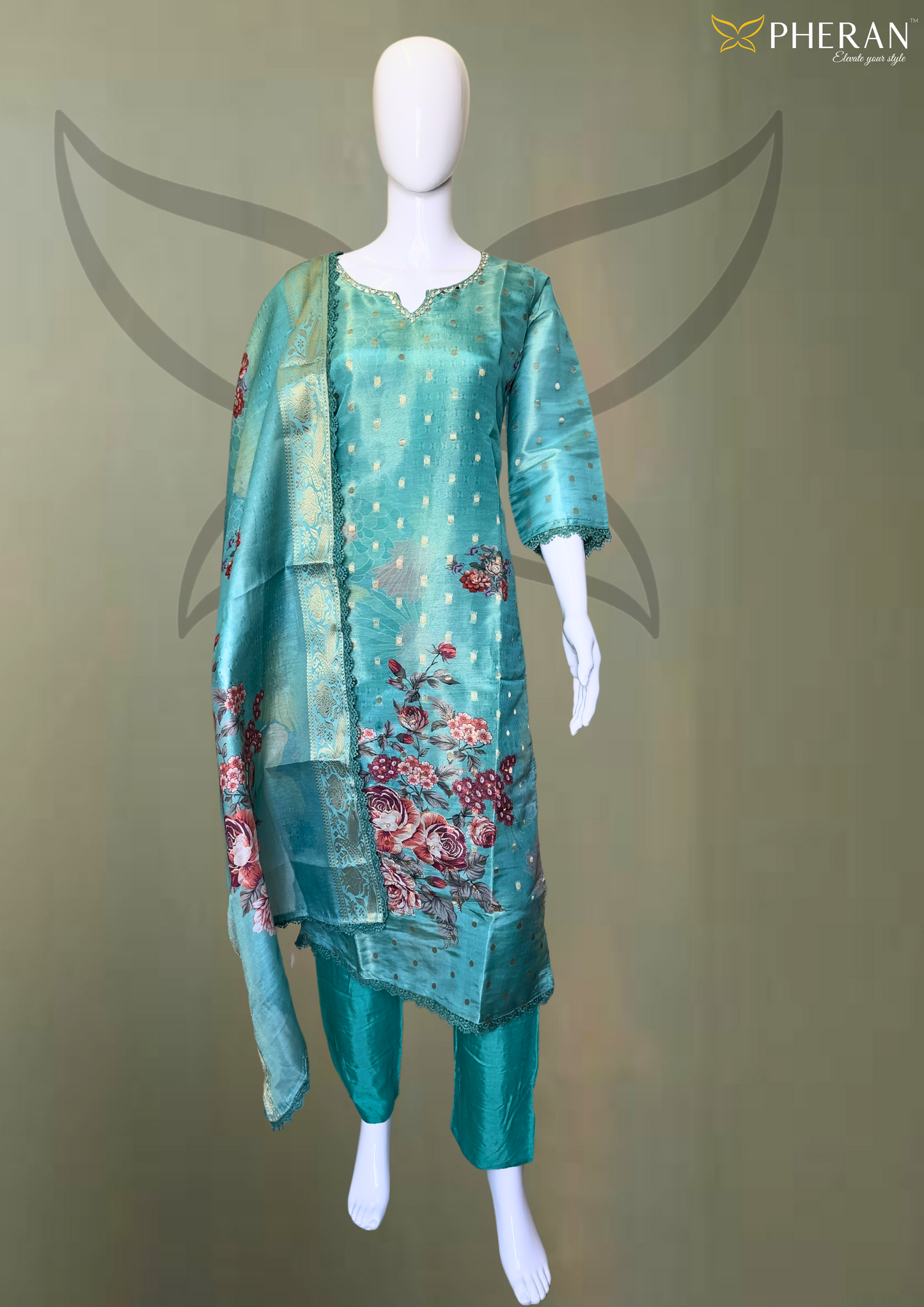 Pheran Teal Floral Printed Silk Kurta Set with Dupatta (BO-AU-05-RA)