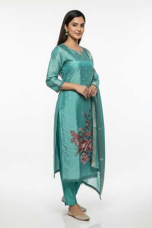 Pheran Teal Floral Printed Silk Kurta Set with Dupatta (BO-AU-05-RA)