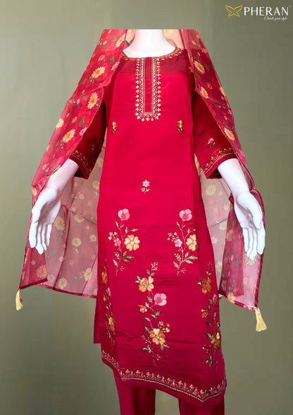 Pheran Premium Red Floral Embroidered Kurta Set (BO-SM-158-RN)