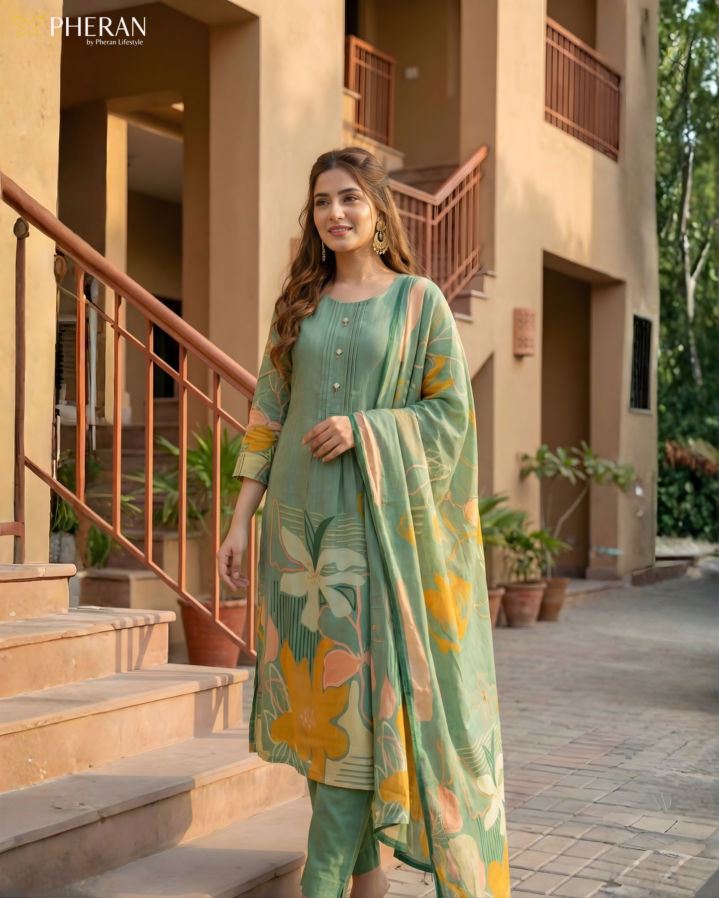Pheran Women's Sage Green Premium Silk Cotton Suit Set  AM78