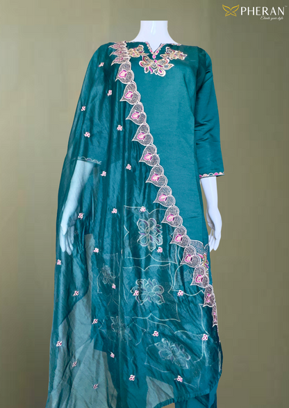 Pheran Teal Green Embroidered Kurta Set with Matching Dupatta ( A2-TG-SU)