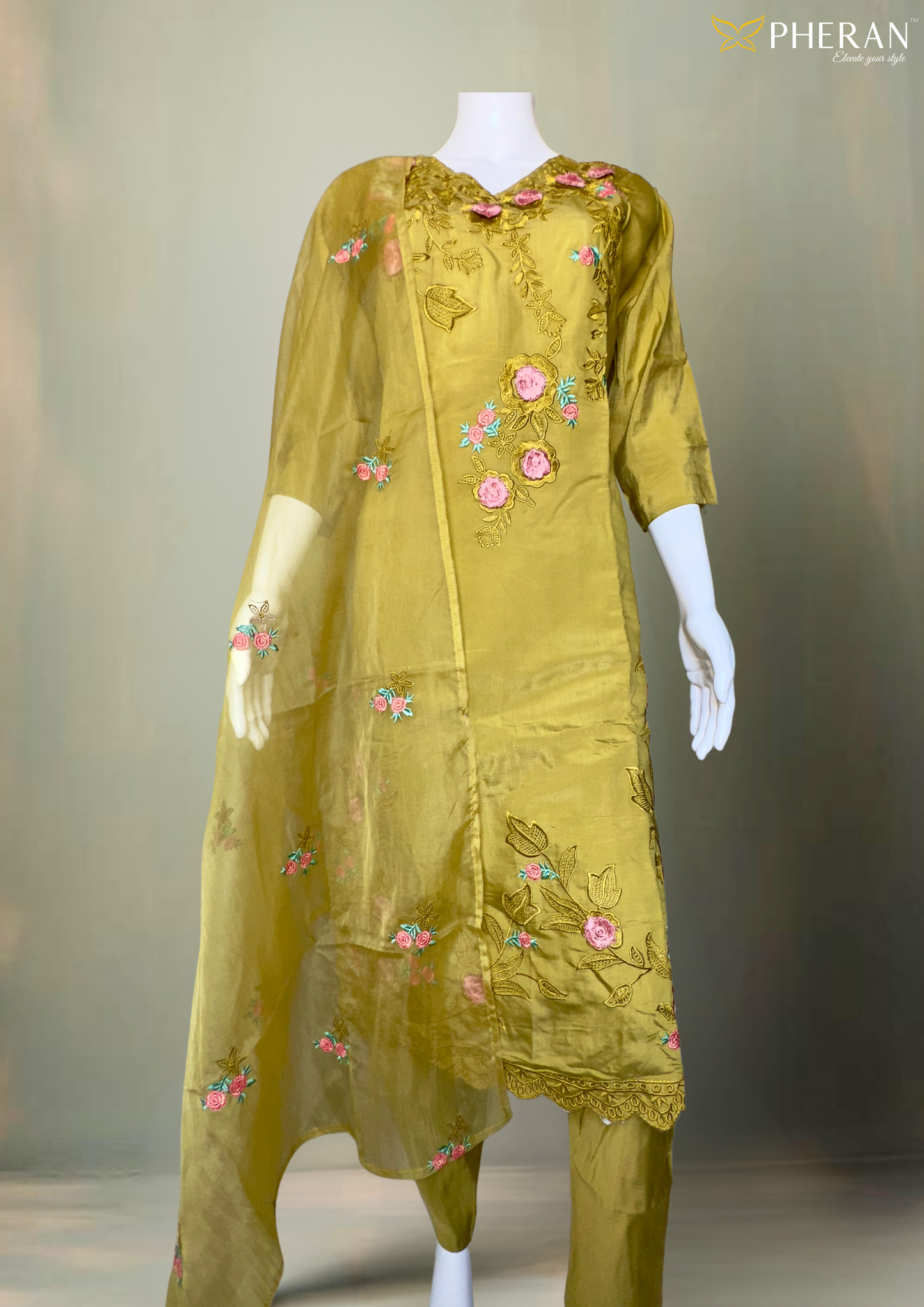 Pheran Women’s Mustard Yellow Floral Embroidered Suit Set with Dupatta (A2-MY-SU)