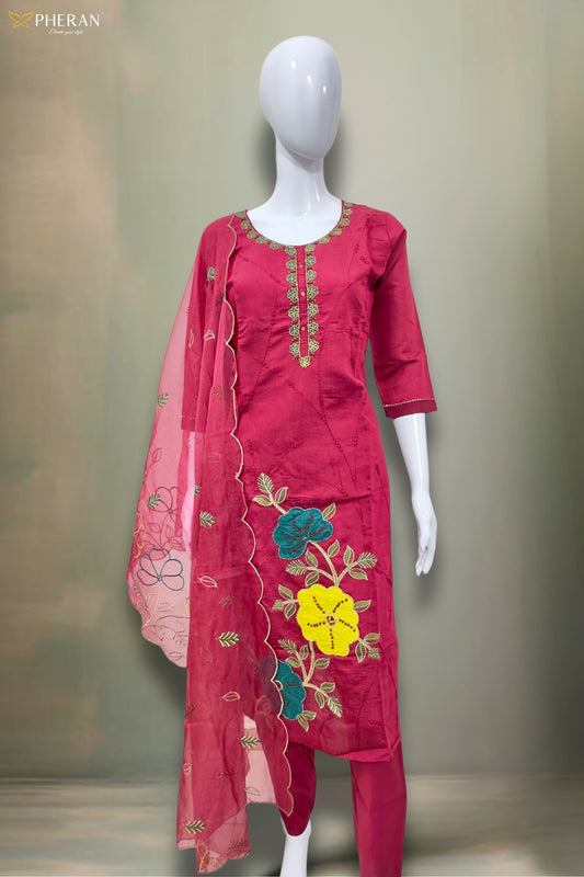 Pheran Pink Floral Embroidered Kurta Set with Organza Dupatta (A2-8PK-95S)