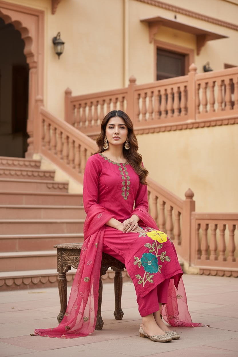 Pheran Pink Floral Embroidered Kurta Set with Organza Dupatta (A2-8PK-95S)