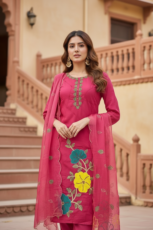 Pheran Pink Floral Embroidered Kurta Set with Organza Dupatta (A2-8PK-95S)
