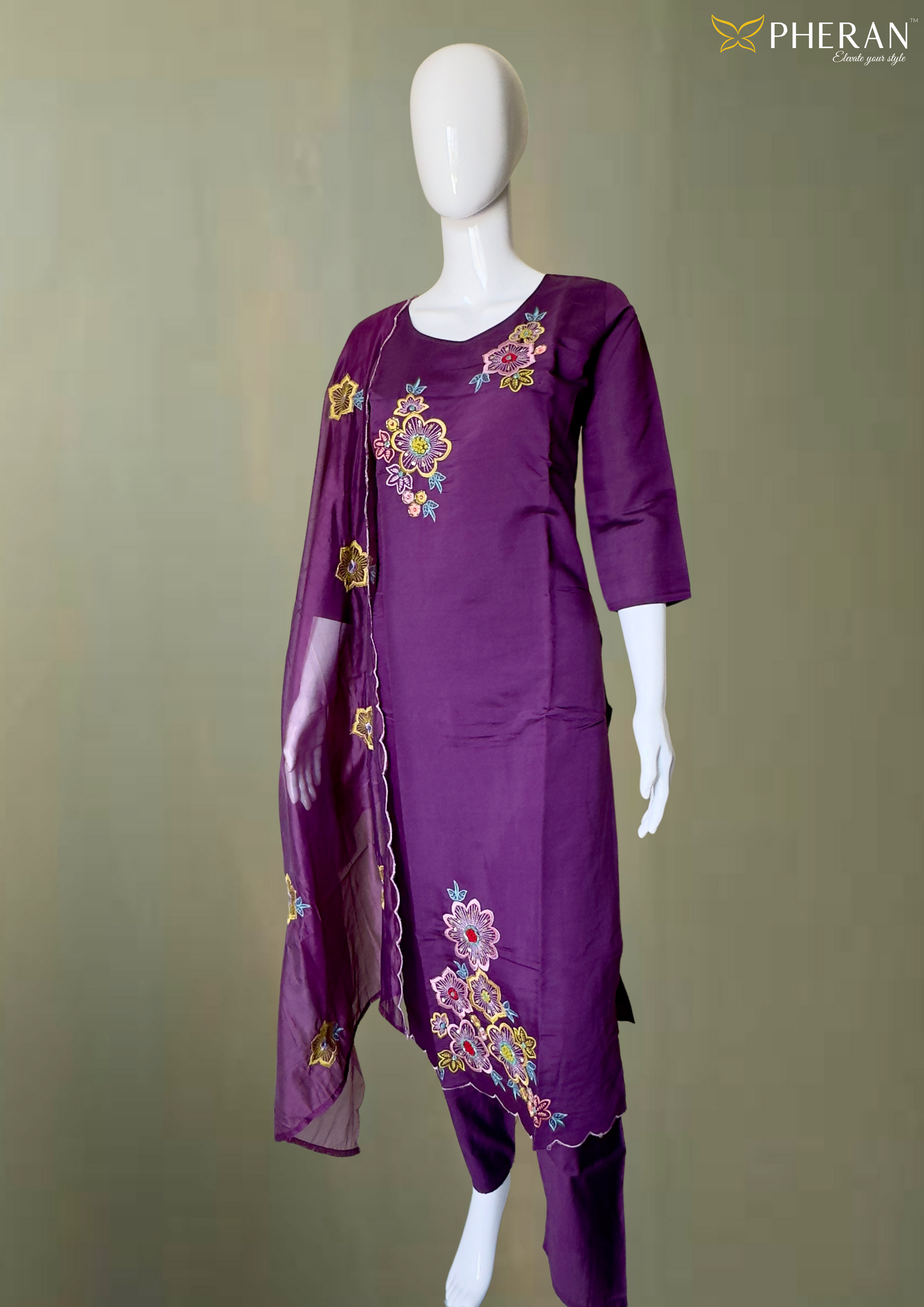 Pheran Purple Floral Embroidered Kurta Set with Dupatta (A2-PR-SU)