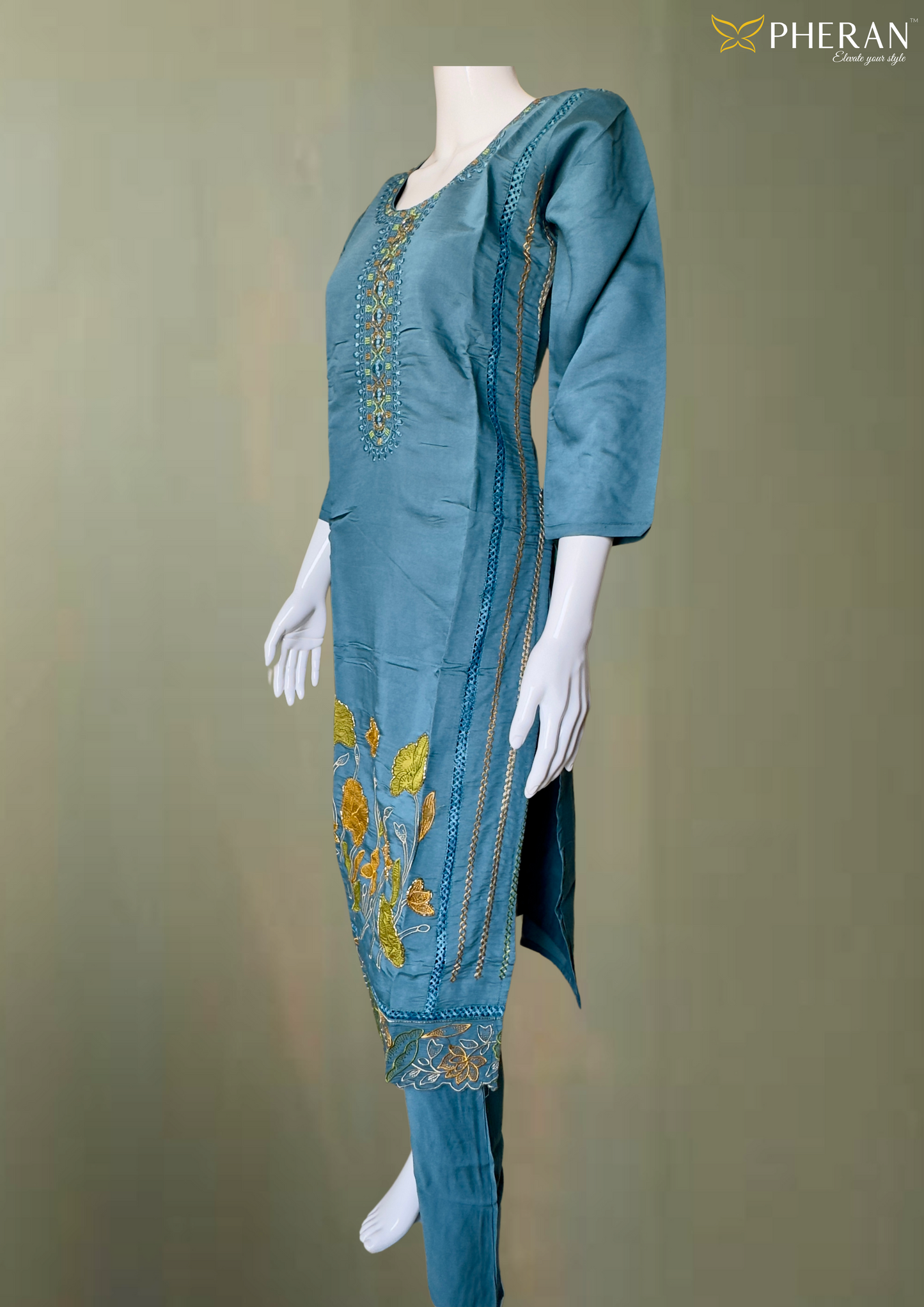 Pheran Teal Blue Floral Embroidered Kurta Set with Dupatta (A2-TB-SU)