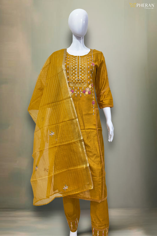 Pheran Mustard Yellow Floral Embroidered Kurta Set with Dupatta (SV-KL74-YL)