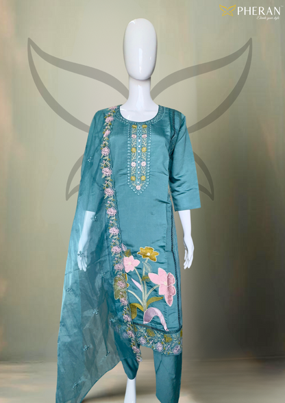 Pheran Teal Green Floral Embroidered Satin Silk Kurta Set with Dupatta (A2-TGS-SU)