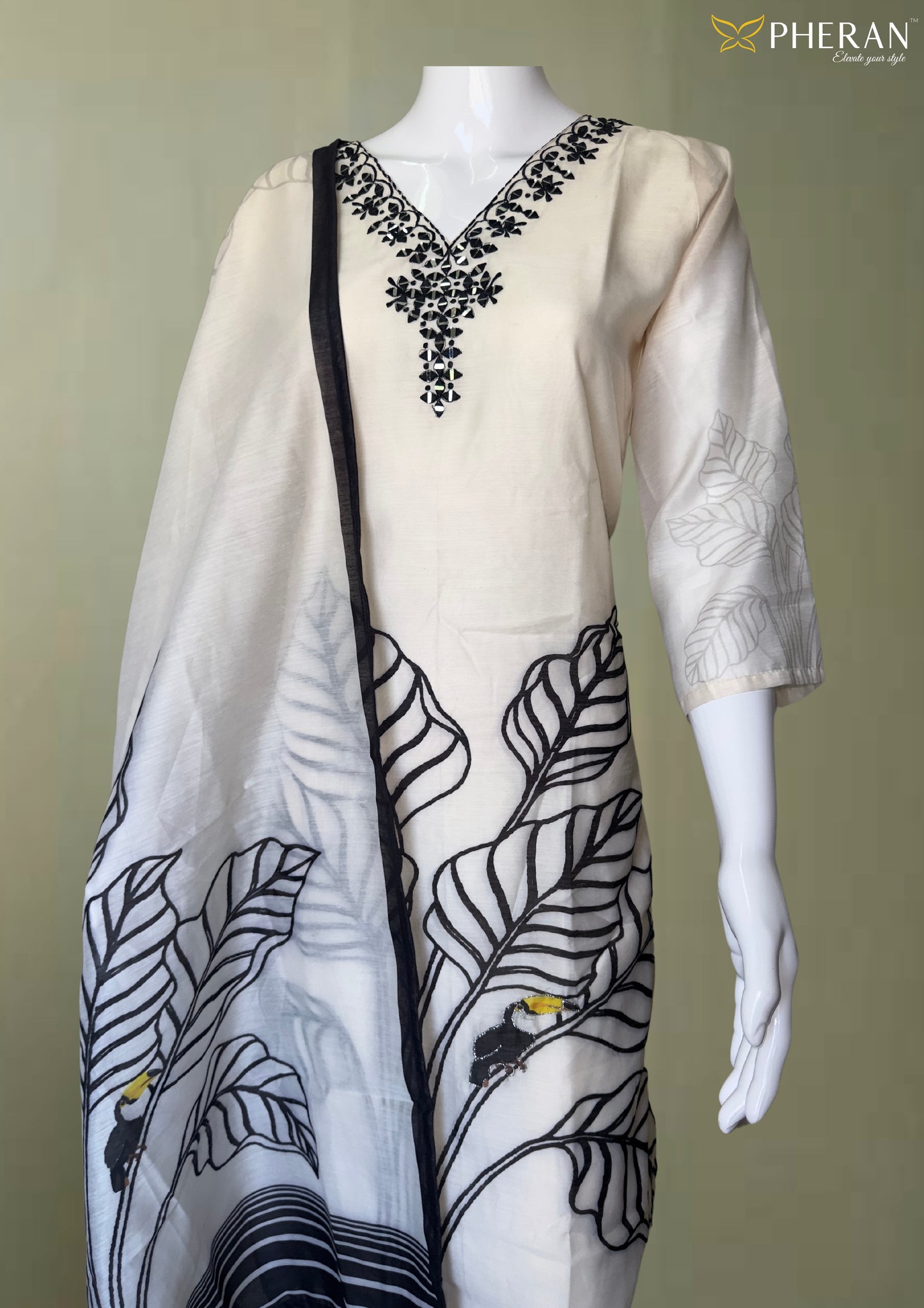 Pheran White and Black Embroidered Kurta Set with Botanical Printed Dupatta (BO-A1-0110-CR)