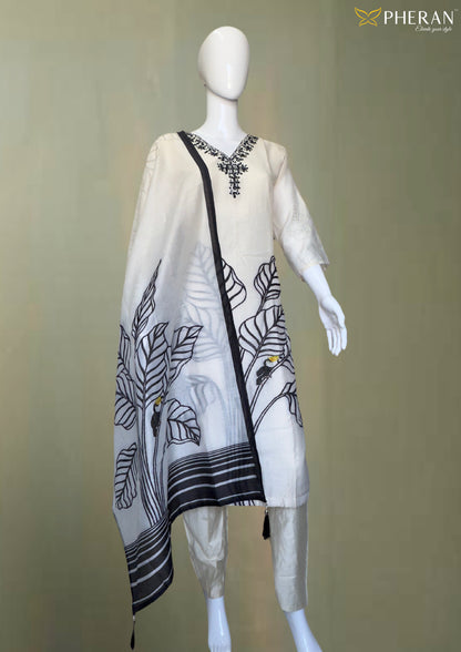 Pheran White and Black Embroidered Kurta Set with Botanical Printed Dupatta (BO-A1-0110-CR)