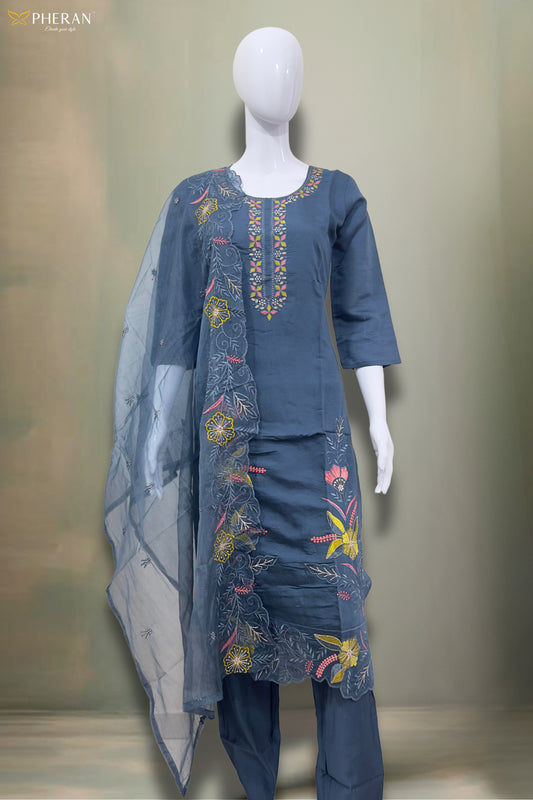 Pheran Slate Grey Embroidered Kurta Set with Organza Dupatta (A2-8GR-95S)