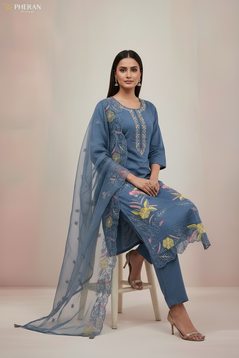 Pheran Slate Grey Embroidered Kurta Set with Organza Dupatta (A2-8GR-95S)