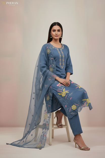 Pheran Slate Grey Embroidered Kurta Set with Organza Dupatta (A2-8GR-95S)