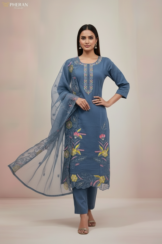 Pheran Slate Grey Embroidered Kurta Set with Organza Dupatta (A2-8GR-95S)