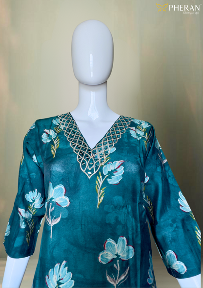 Pheran Teal Green Floral Printed Kurta Set with Embellished Neckline (M4-NU10-TB-SU)