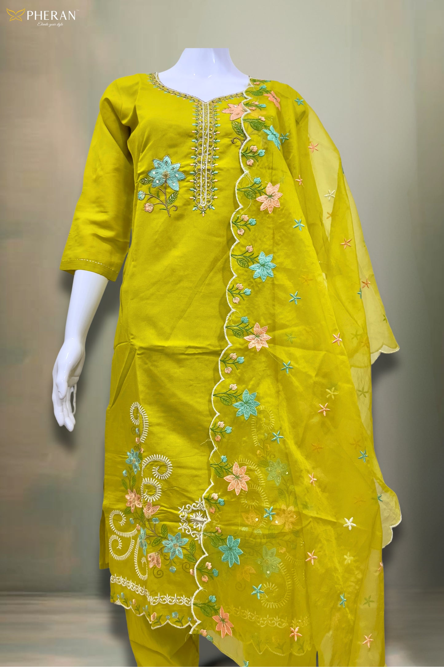 Pheran Women’s Lime Green Floral Embroidered Kurta Set with Dupatta (A2-2510-LG)