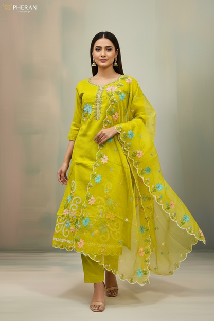 Pheran Women’s Lime Green Floral Embroidered Kurta Set with Dupatta (A2-2510-LG)
