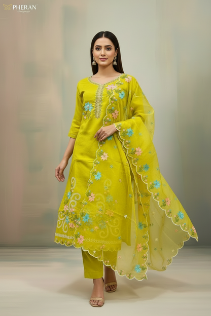 Pheran Women’s Lime Green Floral Embroidered Kurta Set with Dupatta (A2-2510-LG)