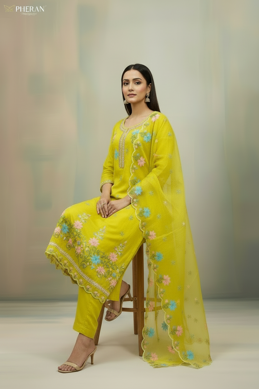 Pheran Women’s Lime Green Floral Embroidered Kurta Set with Dupatta (A2-2510-LG)