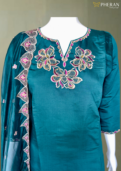 Pheran Teal Green Embroidered Kurta Set with Matching Dupatta ( A2-TG-SU)