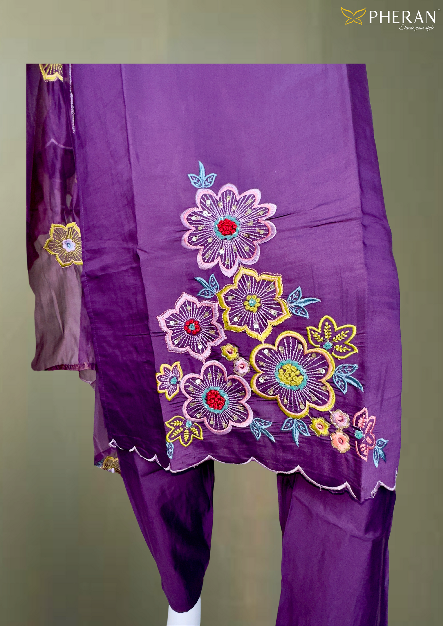 Pheran Purple Floral Embroidered Kurta Set with Dupatta (A2-PR-SU)