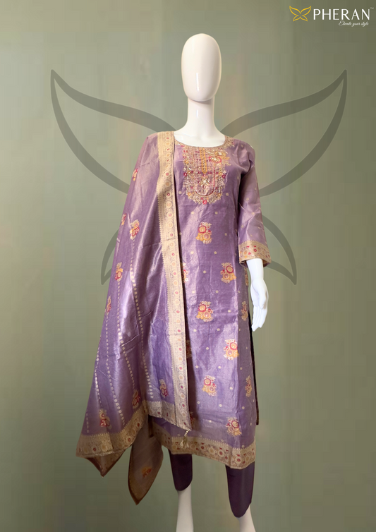 Pheran Exquisite Purple Embroidered Set (Kurta + Pant + Dupatta) BO-A1-0106