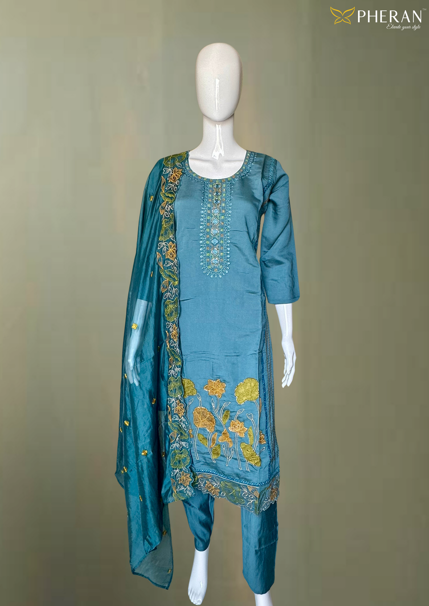 Pheran Teal Blue Floral Embroidered Kurta Set with Dupatta (A2-TB-SU)