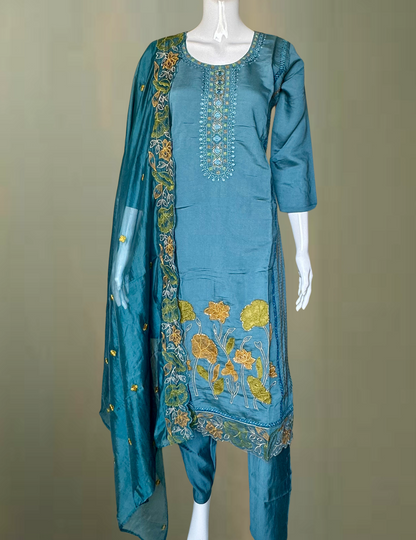 Pheran Teal Blue Floral Embroidered Kurta Set with Dupatta (A2-TB-SU)