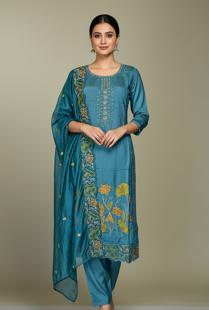 Pheran Teal Blue Floral Embroidered Kurta Set with Dupatta (A2-TB-SU)