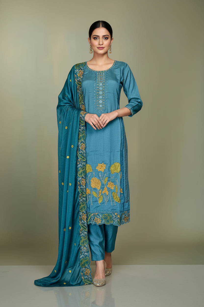Pheran Teal Blue Floral Embroidered Kurta Set with Dupatta (A2-TB-SU)