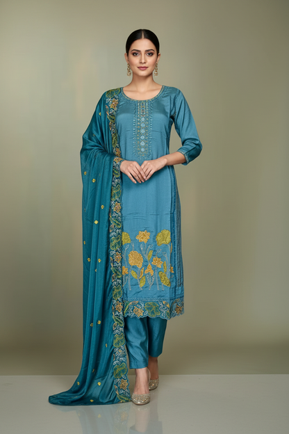 Pheran Teal Blue Floral Embroidered Kurta Set with Dupatta (A2-TB-SU)