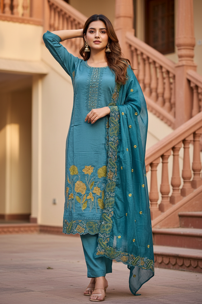 Pheran Teal Blue Floral Embroidered Kurta Set with Dupatta (A2-TB-SU)