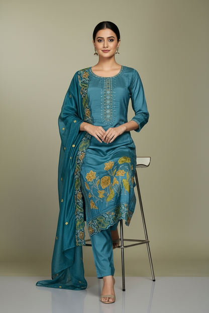 Pheran Teal Blue Floral Embroidered Kurta Set with Dupatta (A2-TB-SU)