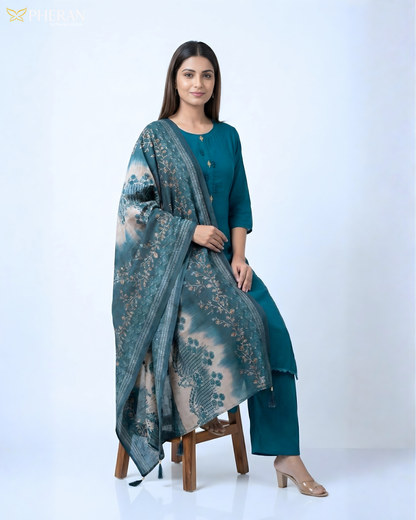 Pheran Women's Deep Teal Suit Set with Kalamkari-Inspired Print Dupatta AM77