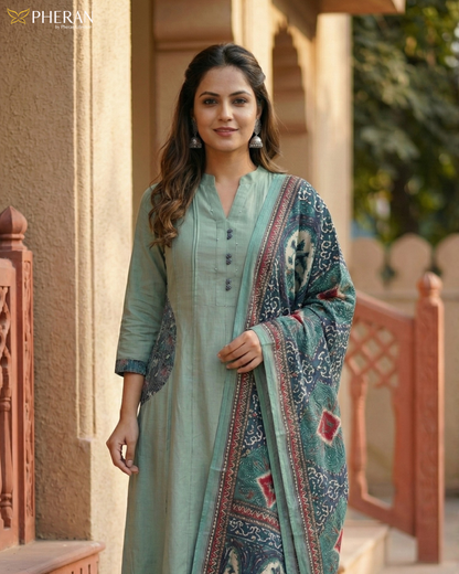 Pheran Women's Sage Green A-Line Suit with Printed Dupatta AM80