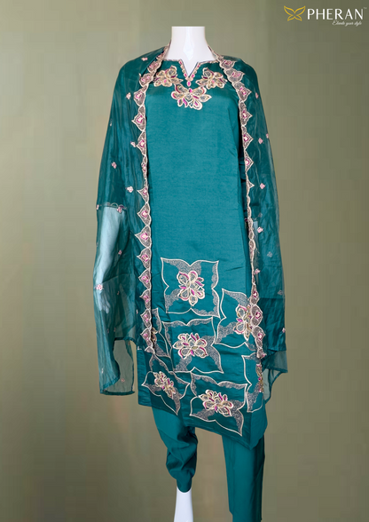 Pheran Teal Green Embroidered Kurta Set with Matching Dupatta ( A2-TG-SU)