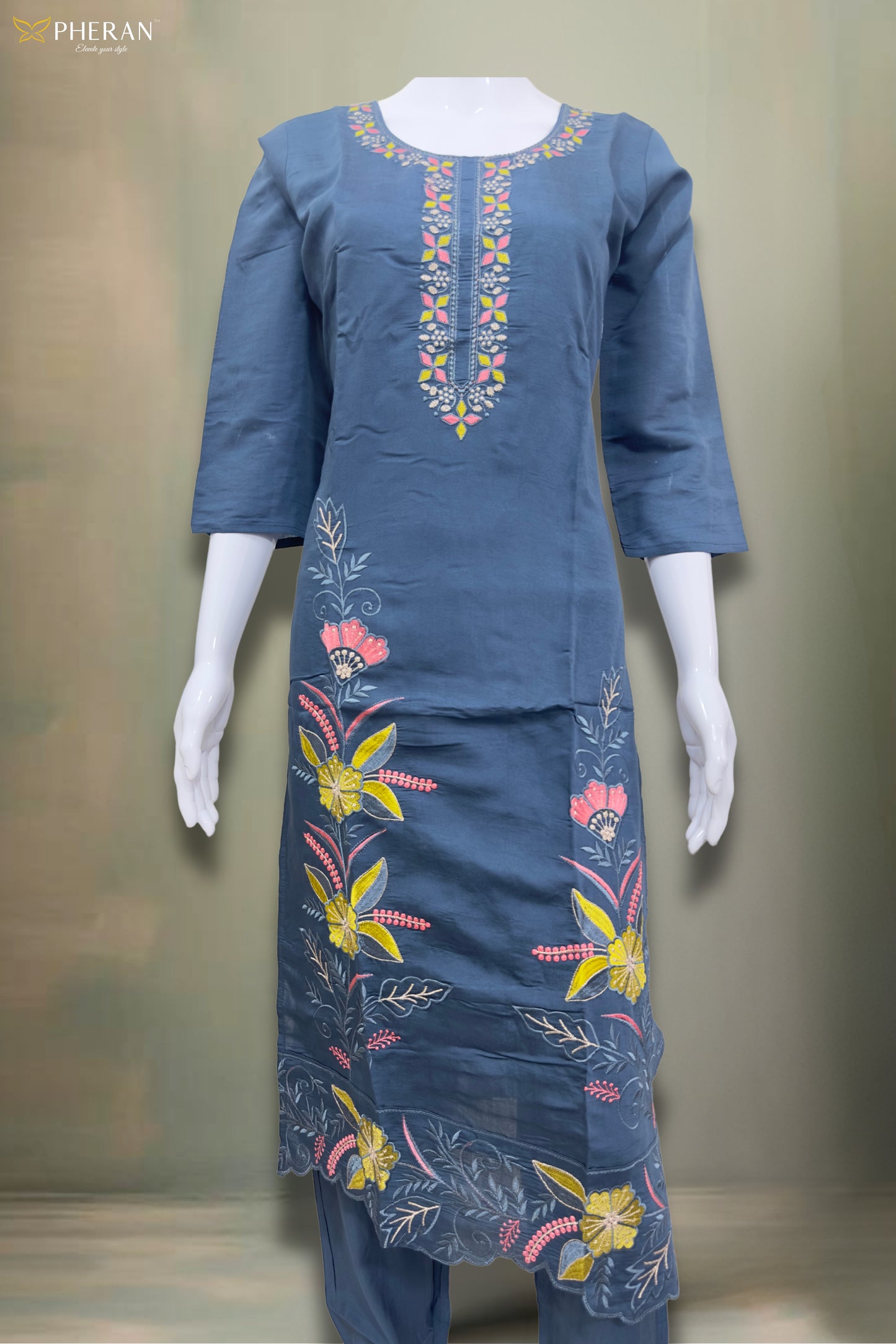 Pheran Slate Grey Embroidered Kurta Set with Organza Dupatta (A2-8GR-95S)